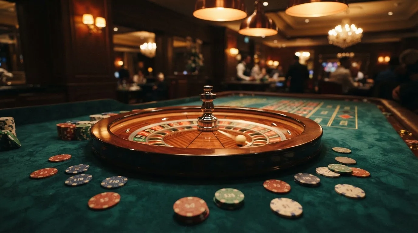 Roulettehjul och spelmarker på grön filt i varmt kvällsljus — 10 euro casino i sverige