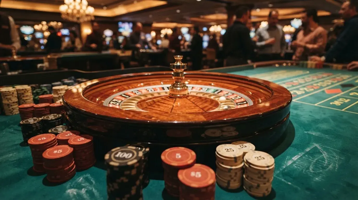 Roulettehjul och spelmarker på grön filt i varmt kvällsljus — 10 free spins casino i sverige