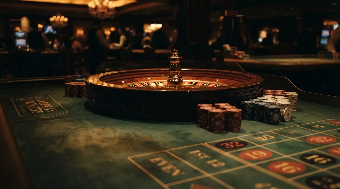 Roulettehjul och spelmarker på grön filt i varmt kvällsljus — 10 kr casino i sverige