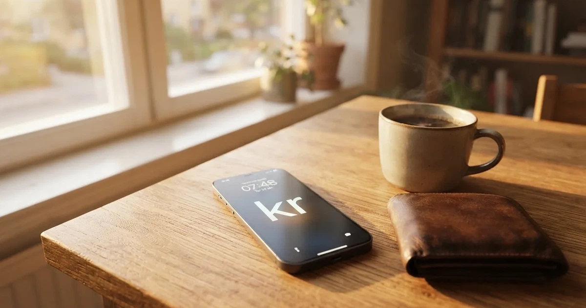 Mobiltelefon på ett träbord bredvid en plånbok och en kopp kaffe — 10 kr casino i sverige