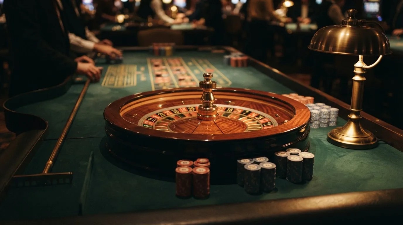 Roulettehjul och spelmarker på grön filt i varmt kvällsljus — 100 euro casino i sverige