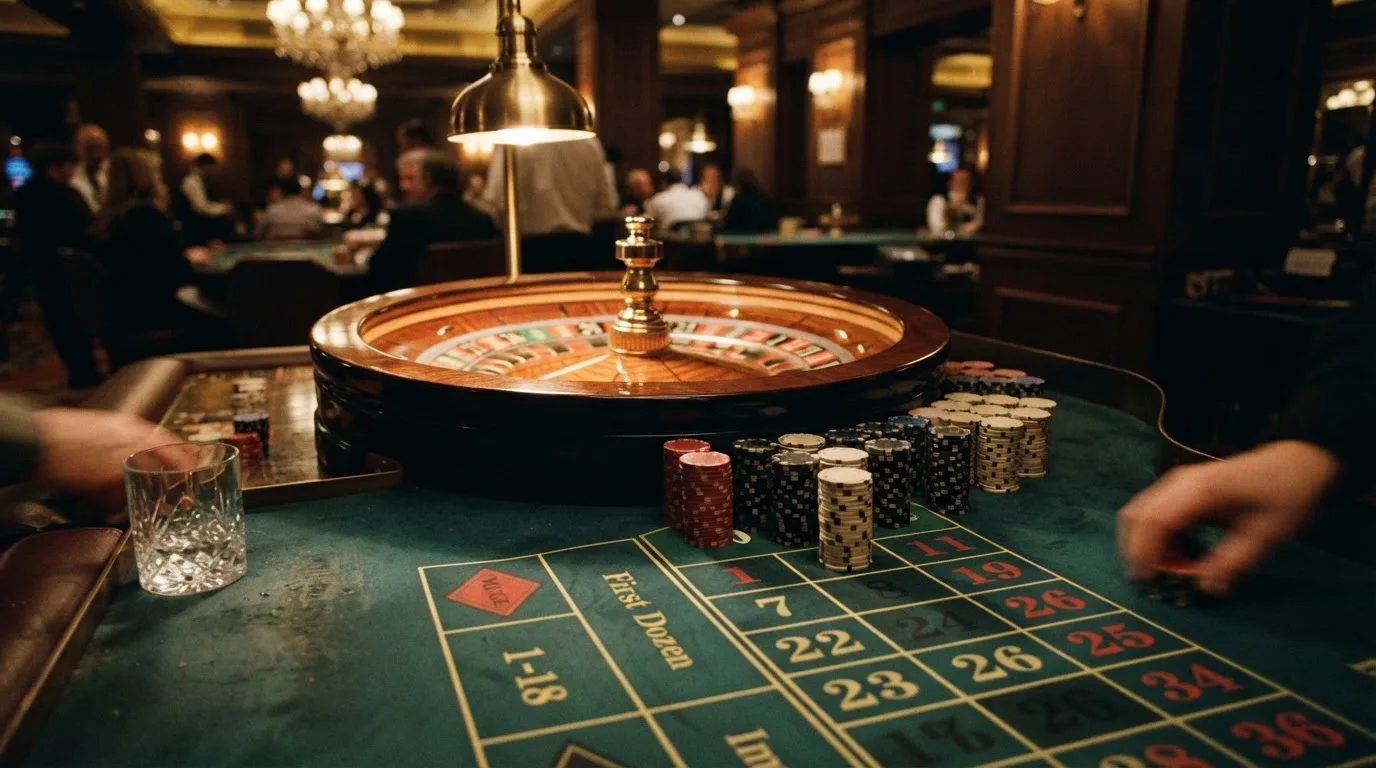 Roulettehjul och spelmarker på grön filt i varmt kvällsljus — 100 free spins casino i sverige
