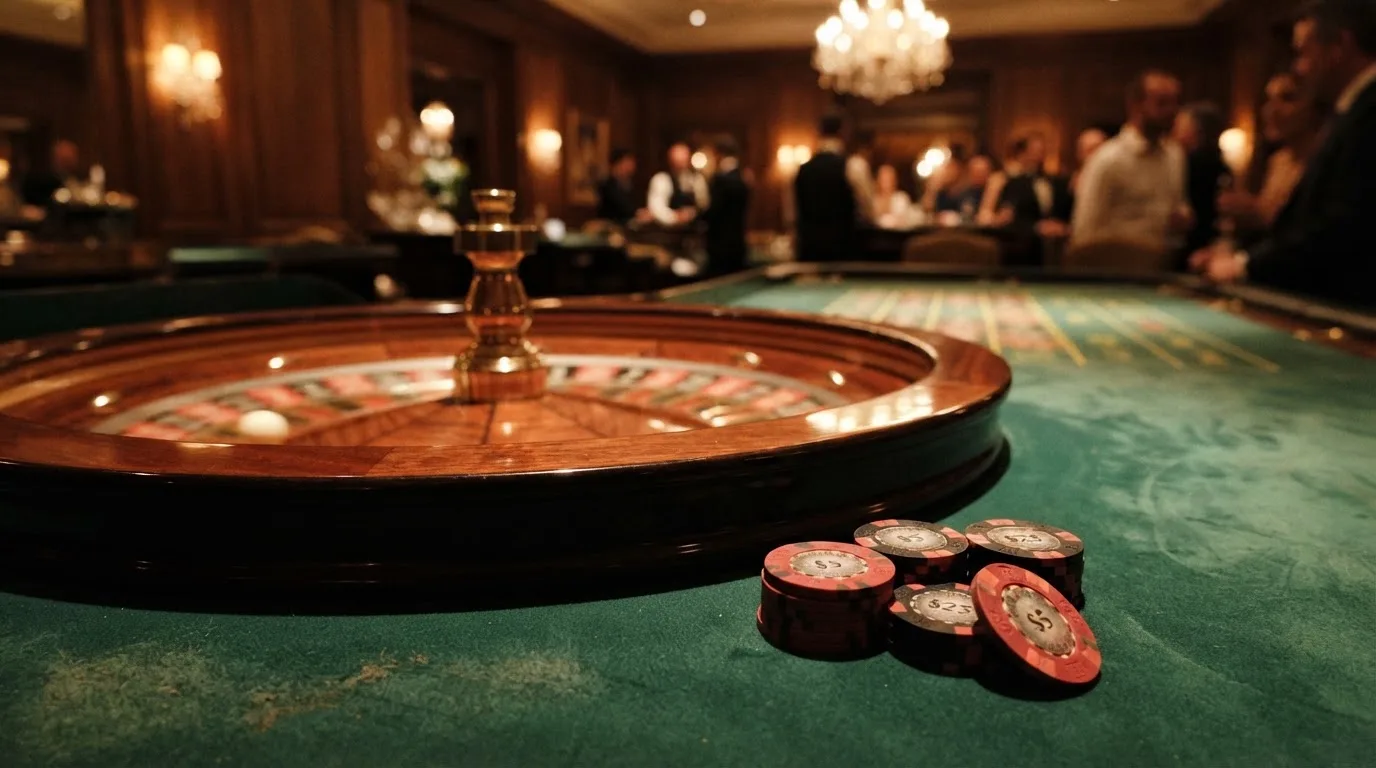 Roulettehjul och spelmarker på grön filt i varmt kvällsljus — 100 kr casino i sverige
