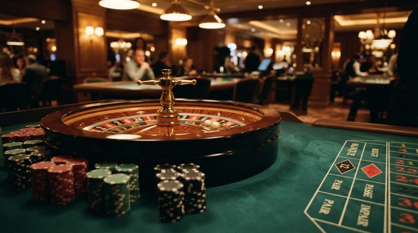 Roulettehjul och spelmarker på grön filt i varmt kvällsljus — 150 free spins casino i sverige