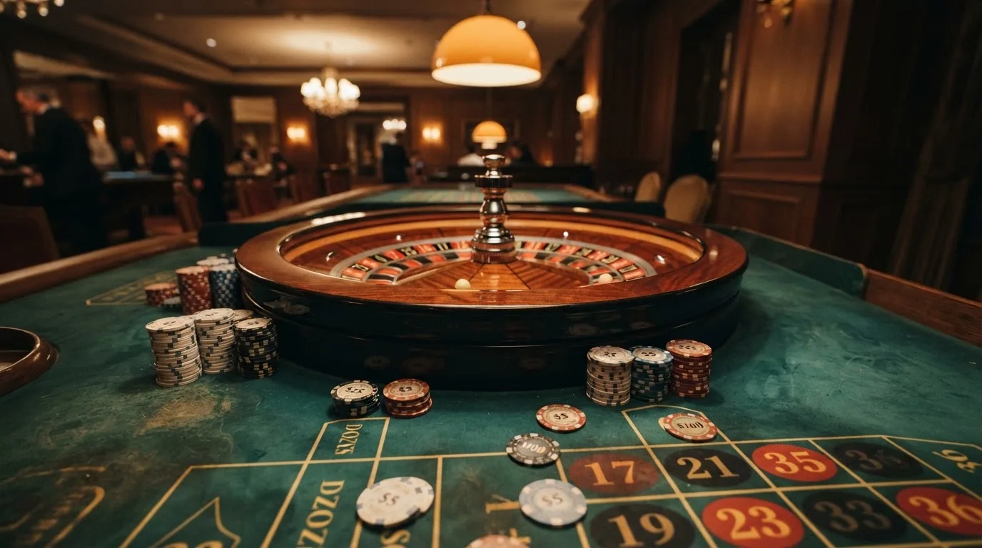 Roulettehjul och spelmarker på grön filt i varmt kvällsljus — 150 kr casino i sverige