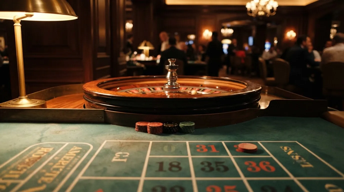 Roulettehjul och spelmarker på grön filt i varmt kvällsljus — bästa blackjack i sverige
