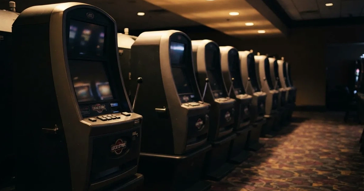 Rader av tomma spelautomater med släckta skärmar står uppställda i ett dimmat rum, fotograferat snett från sidan.