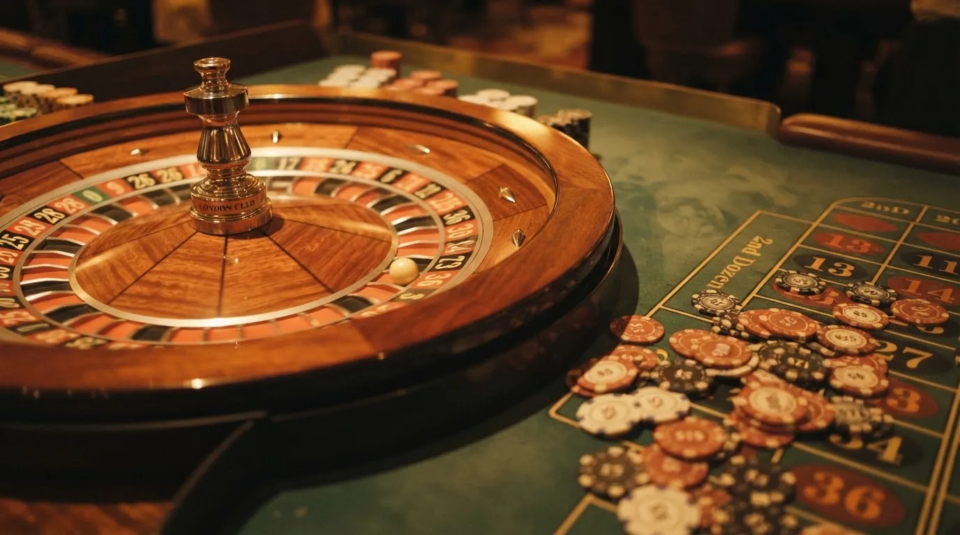Roulettehjul och spelmarker på grön filt i varmt kvällsljus — blackjack gratis i sverige