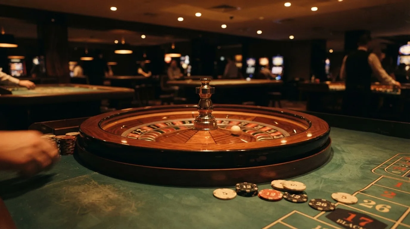Roulettehjul och spelmarker på grön filt i varmt kvällsljus — blackjack med live dealer i sverige