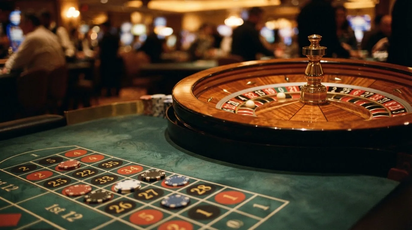 Roulettehjul och spelmarker på grön filt i varmt kvällsljus — blackjack på nätet i sverige