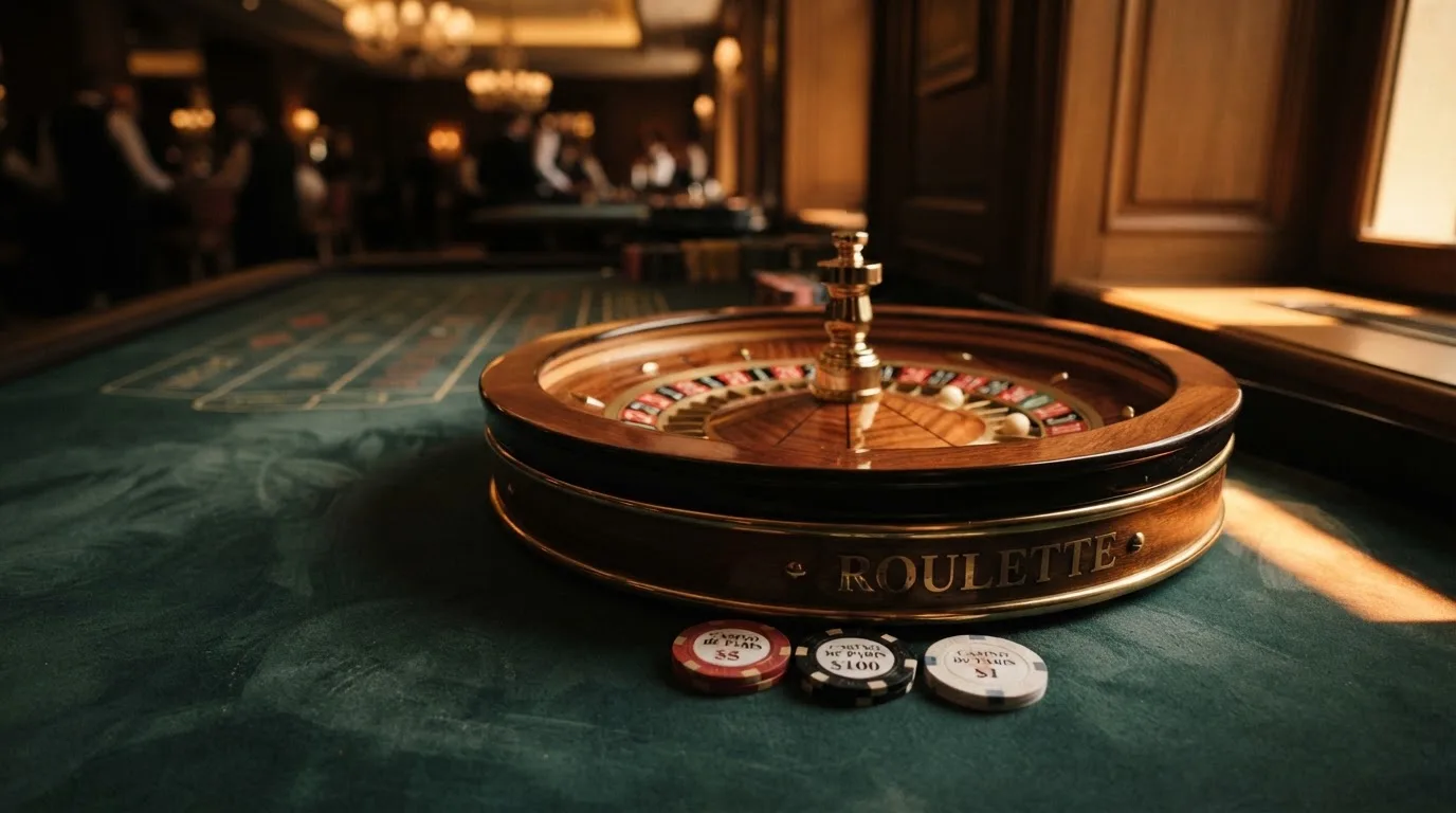 Roulettehjul och spelmarker på grön filt i varmt kvällsljus — bra svenska casinon