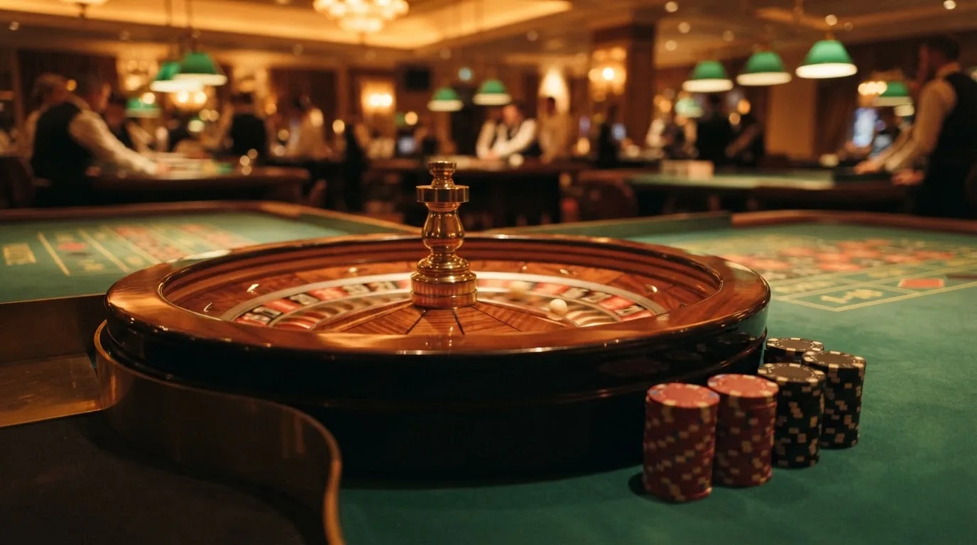 Roulettehjul och spelmarker på grön filt i varmt kvällsljus — casino regler för svenskar