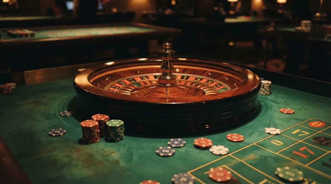 Roulettehjul och spelmarker på grön filt i varmt kvällsljus — casinon med bankid i sverige