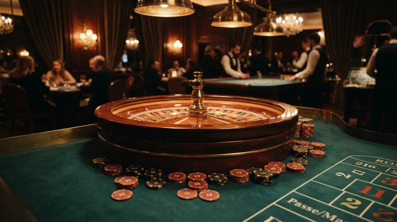 Roulettehjul och spelmarker på grön filt i varmt kvällsljus — casinon med curaçao licens