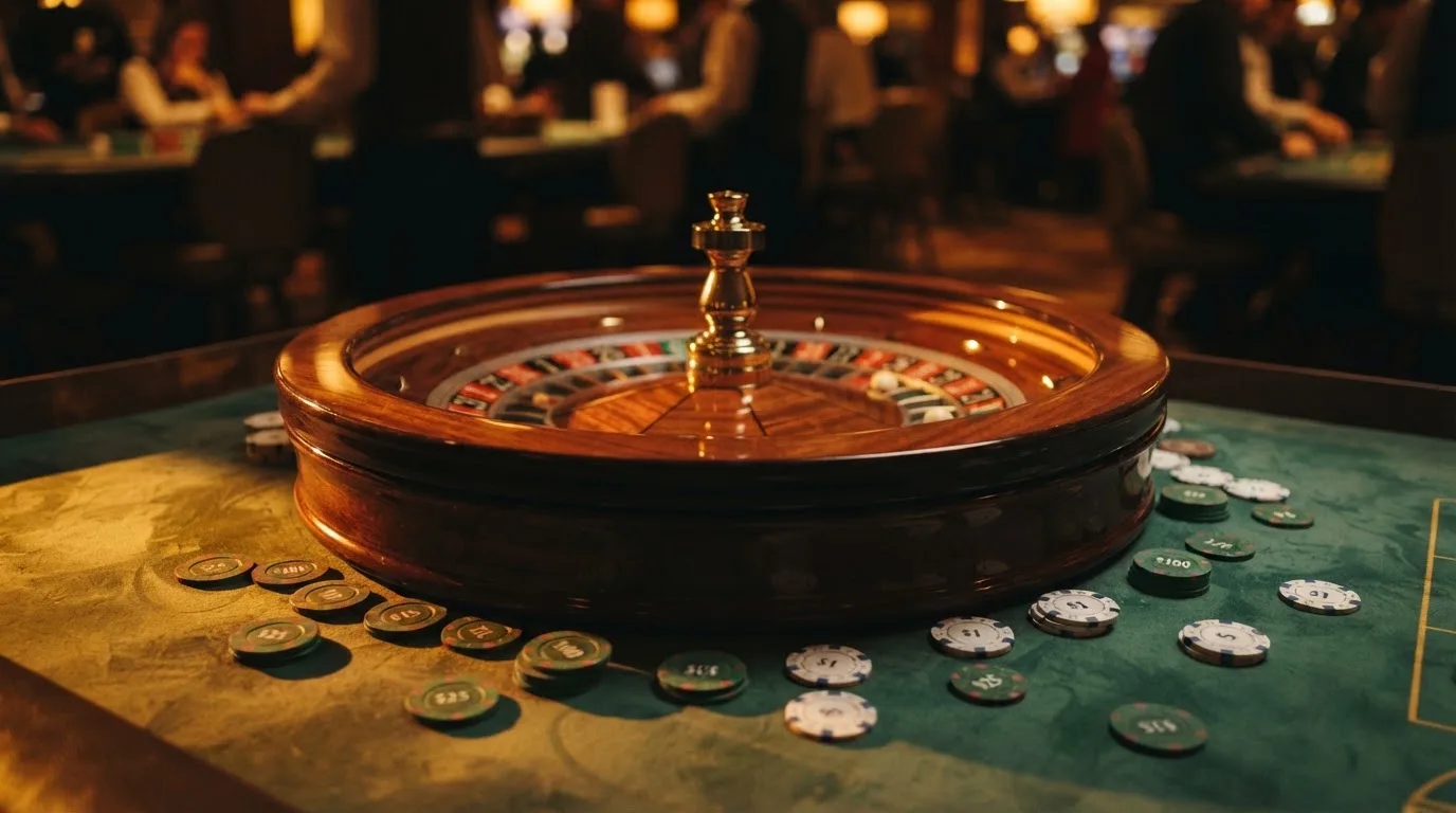 Roulettehjul och spelmarker på grön filt i varmt kvällsljus — casinon med jackpot i sverige