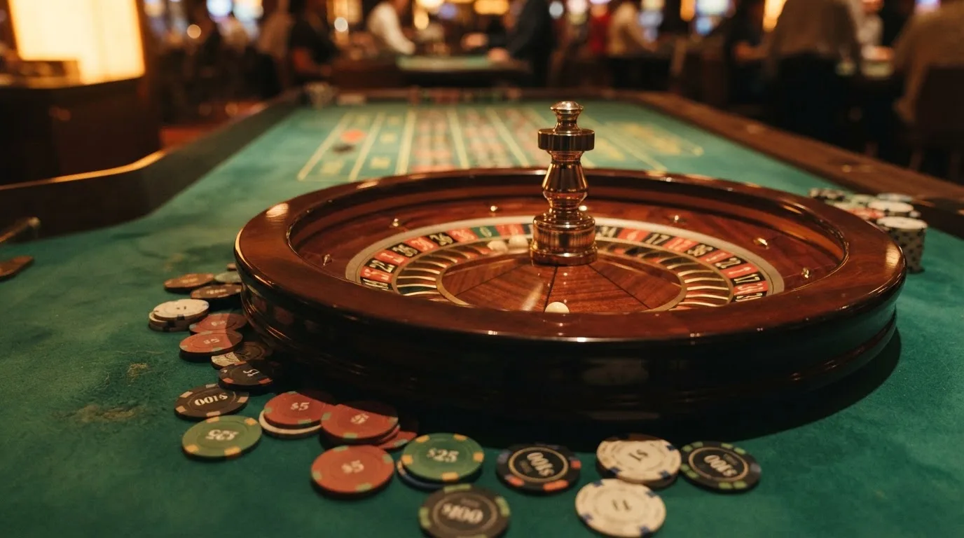 Roulettehjul och spelmarker på grön filt i varmt kvällsljus — casinon med slots i sverige