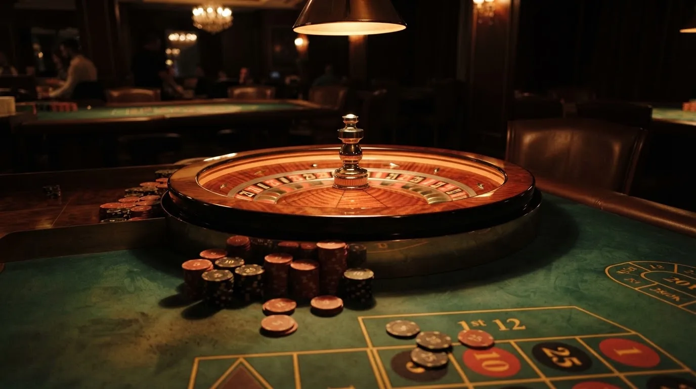 Roulettehjul och spelmarker på grön filt i varmt kvällsljus — casinon med uttag i sverige