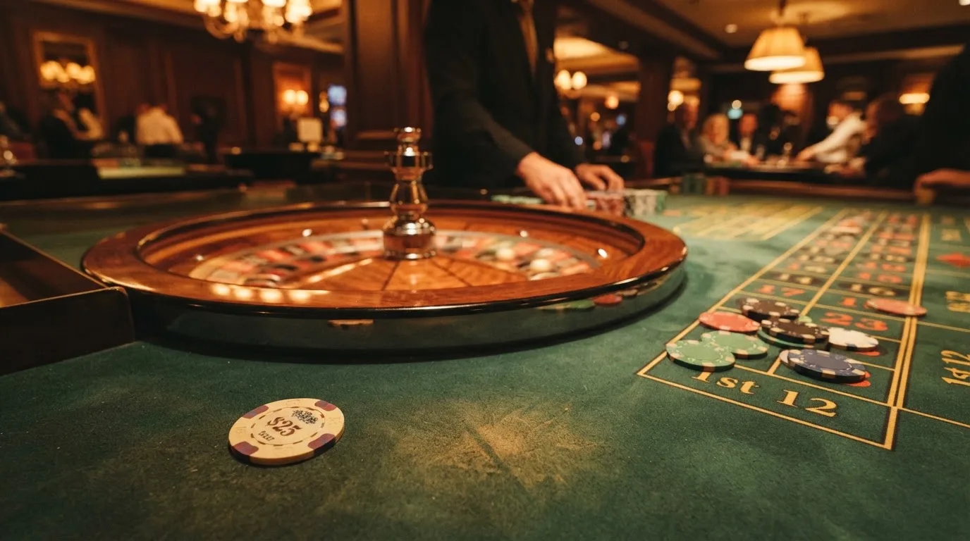 Roulettehjul och spelmarker på grön filt i varmt kvällsljus — casinon utan bankid i sverige