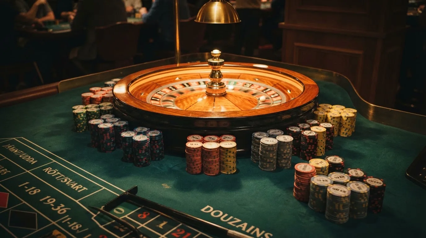 Roulettehjul och spelmarker på grön filt i varmt kvällsljus — casinon utan spelgräns i sverige
