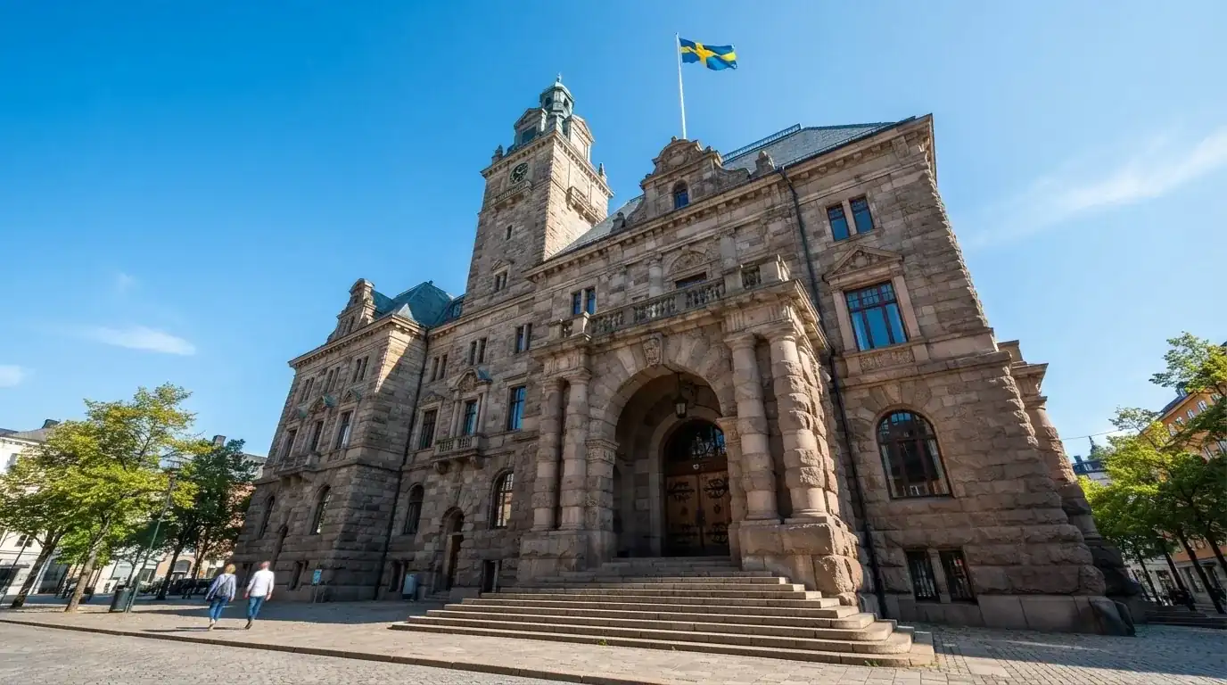 Ett gammalt stadshus i sten fotograferat underifrån mot en klarblå himmel, med den svenska flaggan som fladdrar ovanför entrén.