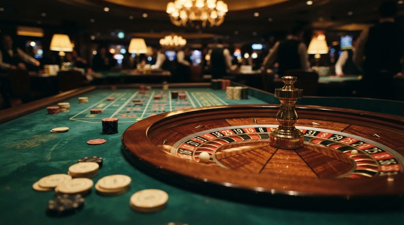 Roulettehjul och spelmarker på grön filt i varmt kvällsljus — lightning roulette i sverige