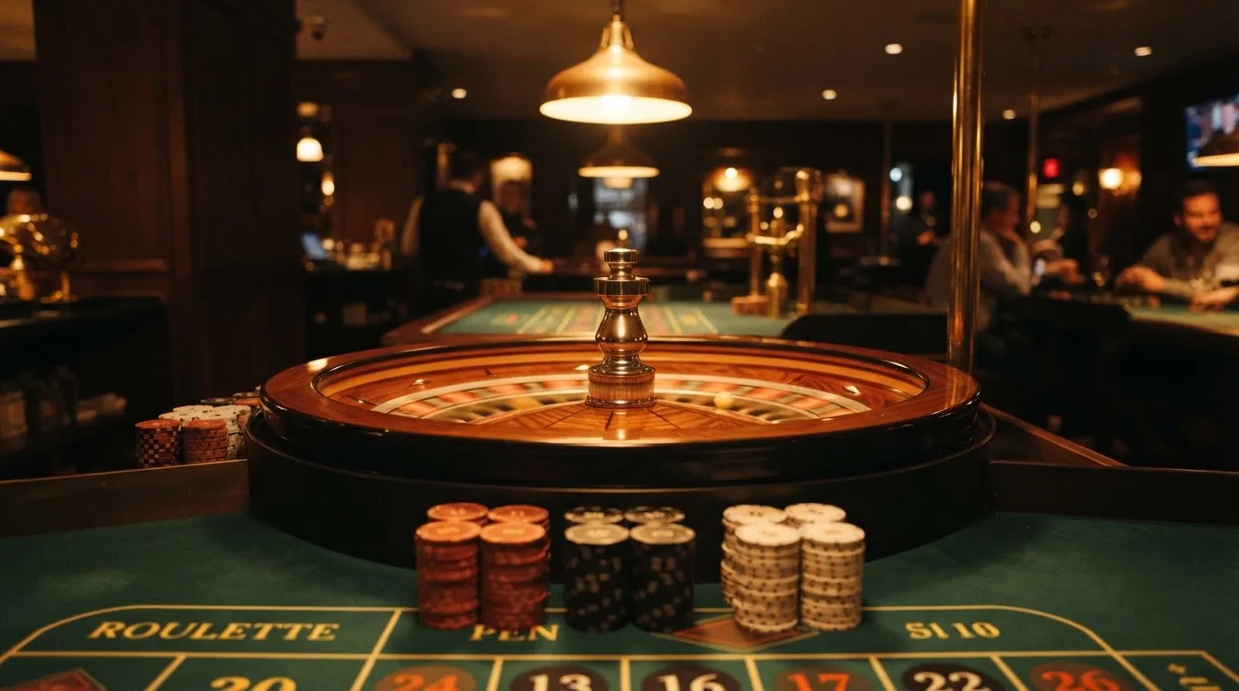 Roulettehjul och spelmarker på grön filt i varmt kvällsljus — svenska casinon med bitcoin