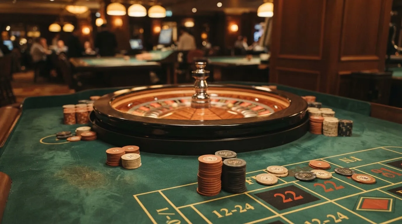 Roulettehjul och spelmarker på grön filt i varmt kvällsljus — svenska casinon med dogecoin
