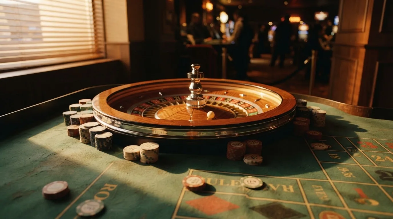 Roulettehjul och spelmarker på grön filt i varmt kvällsljus — svenska casinon på android